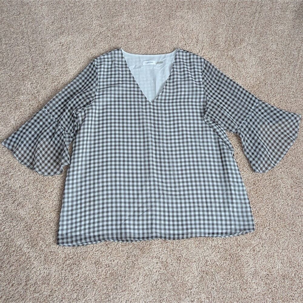Calvin Klein Blouse Womens XL* Black White Gingham Chiffon Sheer Sleeves V-Neck